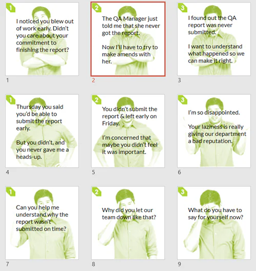 Griglia di nove flashcard con domande e risposte simulate, create in PowerPoint per esercizi di mobile learning