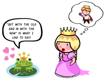 Principessa in stile flat design parla con una rana coronata, simbolo di cambiamento grafico nei corsi e-learning