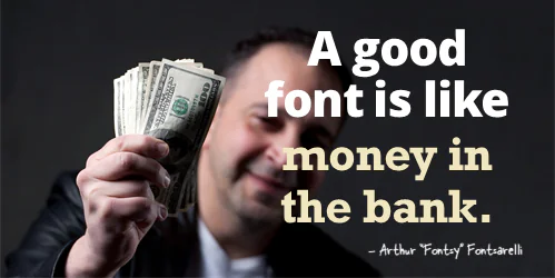 Uomo che mostra banconote con una citazione sui font, evidenziando l'importanza della scelta dei caratteri nell’e-learning
