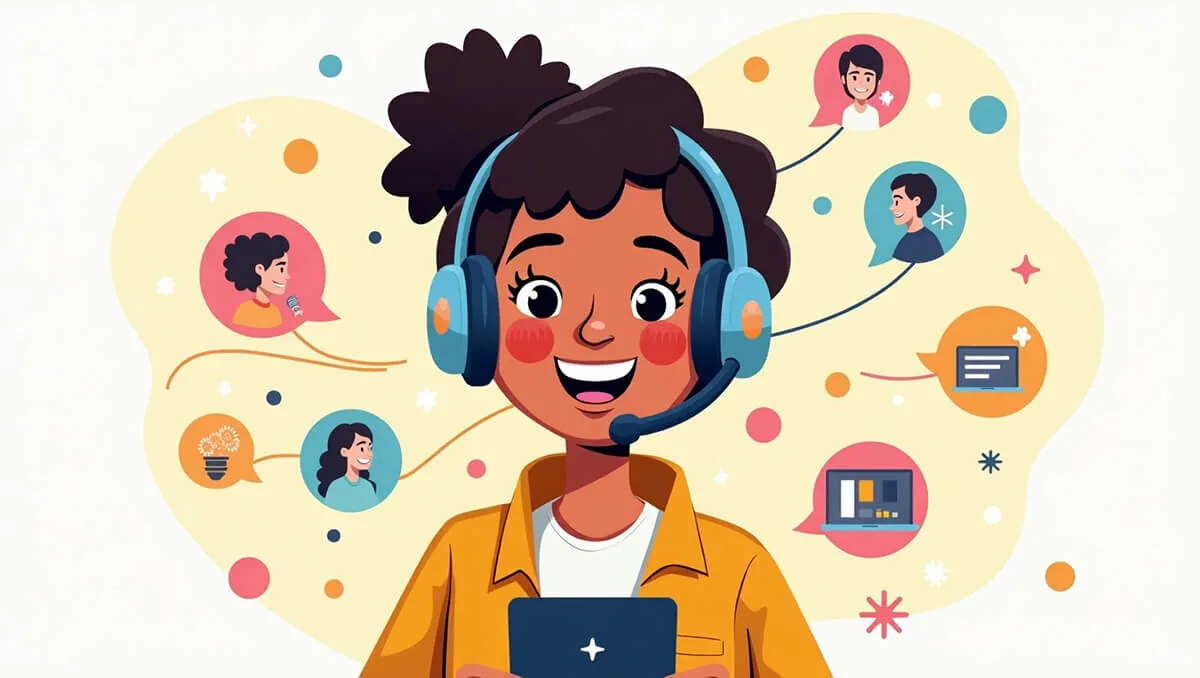 Persona con cuffie e tablet circondata da icone che rappresentano comunicazione e apprendimento accessibile