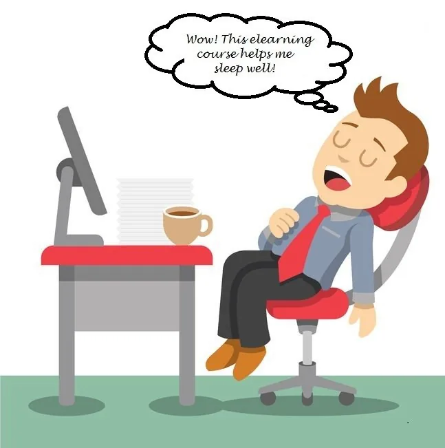 Uomo in ufficio addormentato davanti al computer con fumetto ironico sull’elearning poco coinvolgente