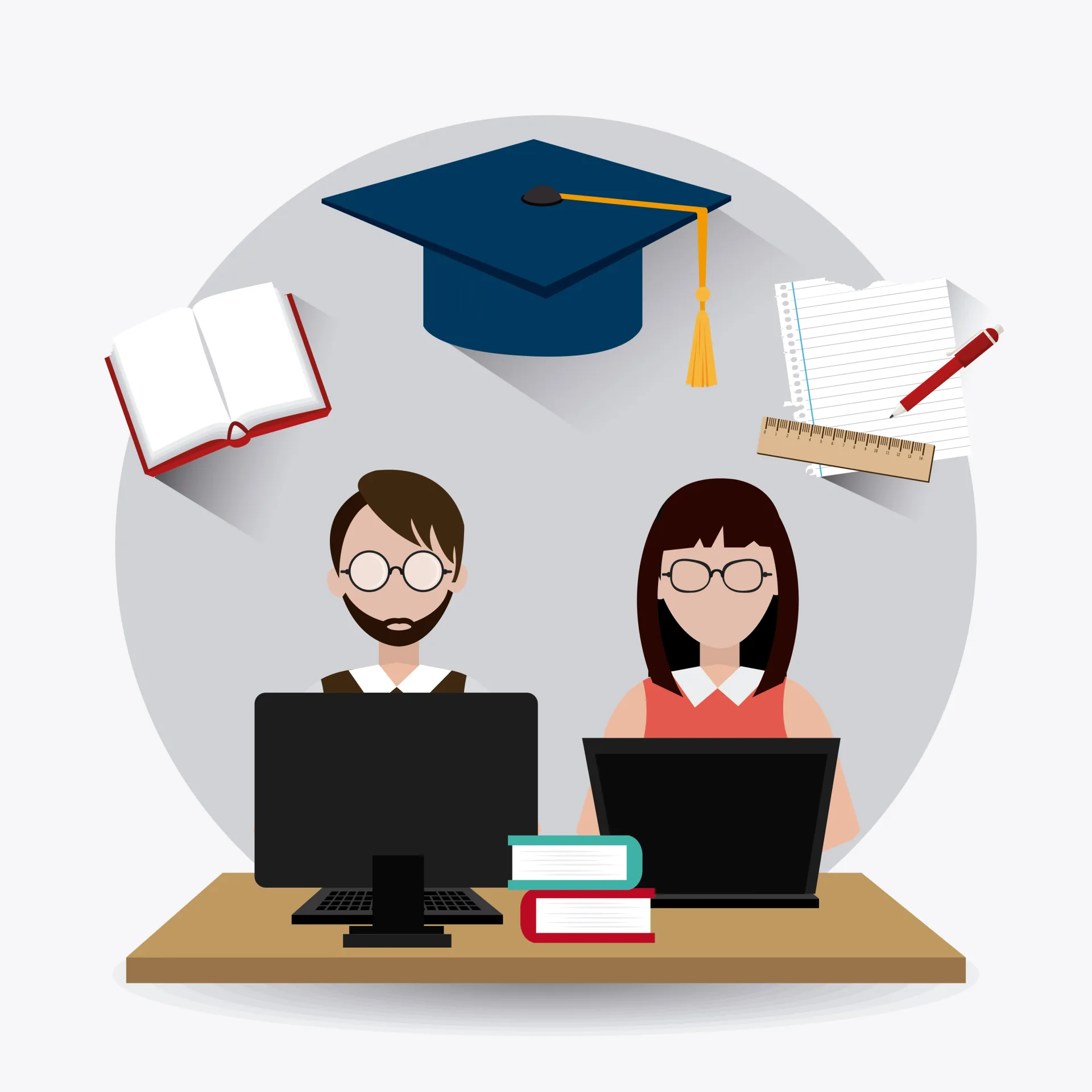 Due persone studiano al computer e laptop con libri e simboli didattici che rappresentano la formazione e-learning