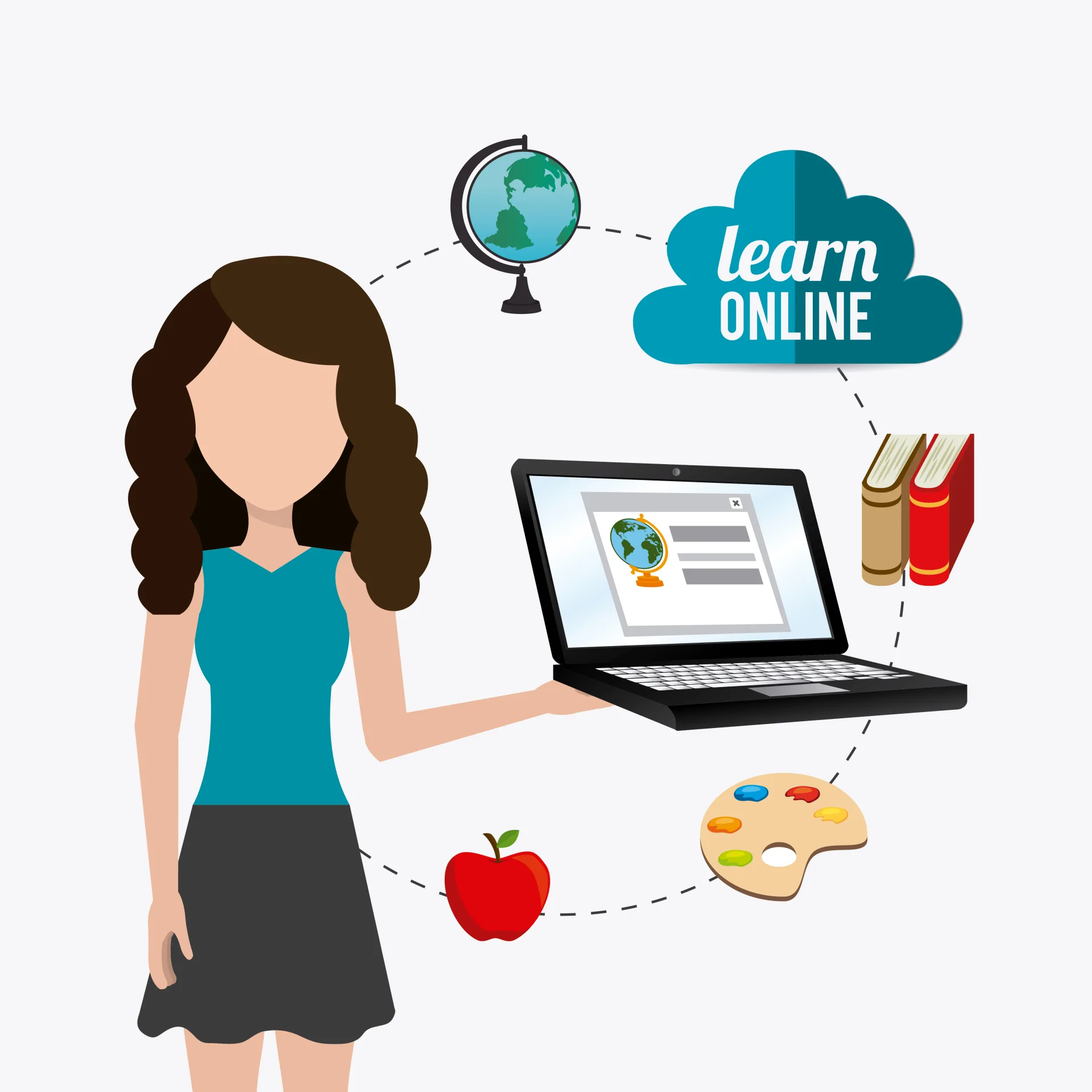 Donna stilizzata tiene un laptop circondata da icone di apprendimento digitale come globo, libri e nuvola learn online