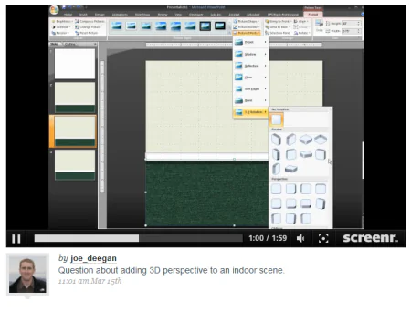 Schermata di un video tutorial nel forum eLearning che mostra come aggiungere prospettiva 3D in PowerPoint