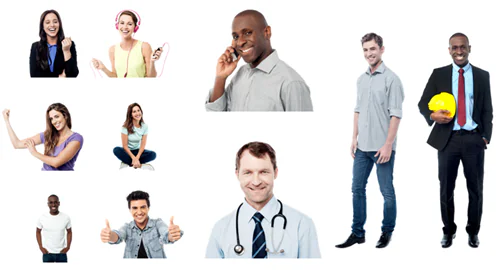 Persone di diverse età e professioni su sfondo bianco, ideali come immagini stock gratuite per corsi e-learning
