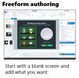 Interfaccia di authoring freeform in Articulate Storyline con esempio di corso su pasti salutari e oggetti trascinabili