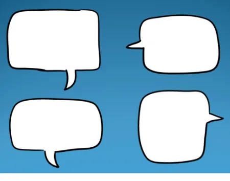 Quattro fumetti vuoti di forme diverse su sfondo blu per inserire dialoghi nei corsi e-learning