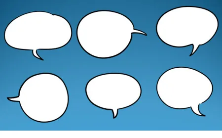 Sei balloon di fumetti vuoti di forme diverse su sfondo blu per creare dialoghi nei corsi e-learning