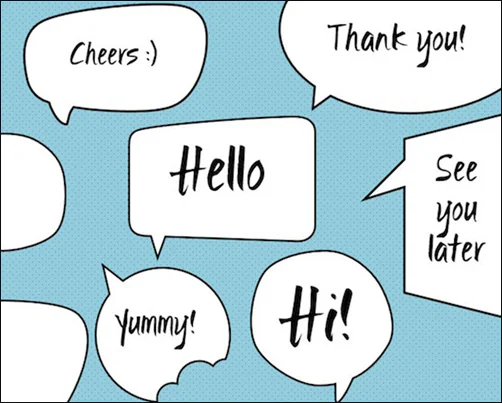 Balloon di fumetti con saluti e messaggi su sfondo azzurro per illustrare la comunicazione nella community eLearning
