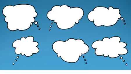 Sei nuvolette di pensiero in stile fumetto su sfondo azzurro per arricchire corsi e-learning