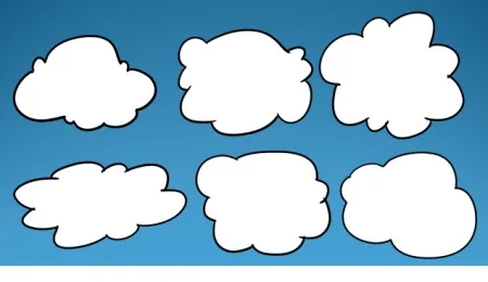 Sei sagome di nuvole per balloon di pensiero in stile fumetto su sfondo azzurro, utili per callout nei corsi e-learning