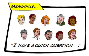 Vignetta con dieci volti stilizzati e la frase I have a quick question, simbolo di confronto e brainstorming nell’e-learning