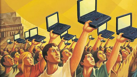 Persone sollevano laptop verso l’alto in segno di partecipazione collettiva all’e-learning e all’accessibilità digitale