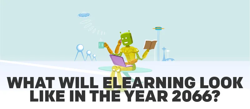 Robot verde studia con laptop e libro in un ambiente futuristico ispirato ai Jetsons, simbolo dell’e-learning avanzato