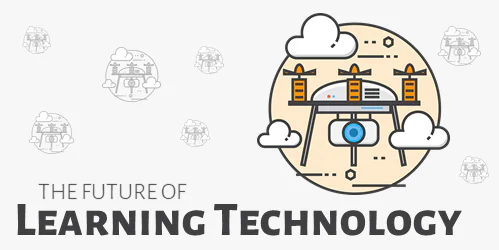 Illustrazione di un drone stilizzato con elementi digitali e testo sul futuro della tecnologia per l’apprendimento