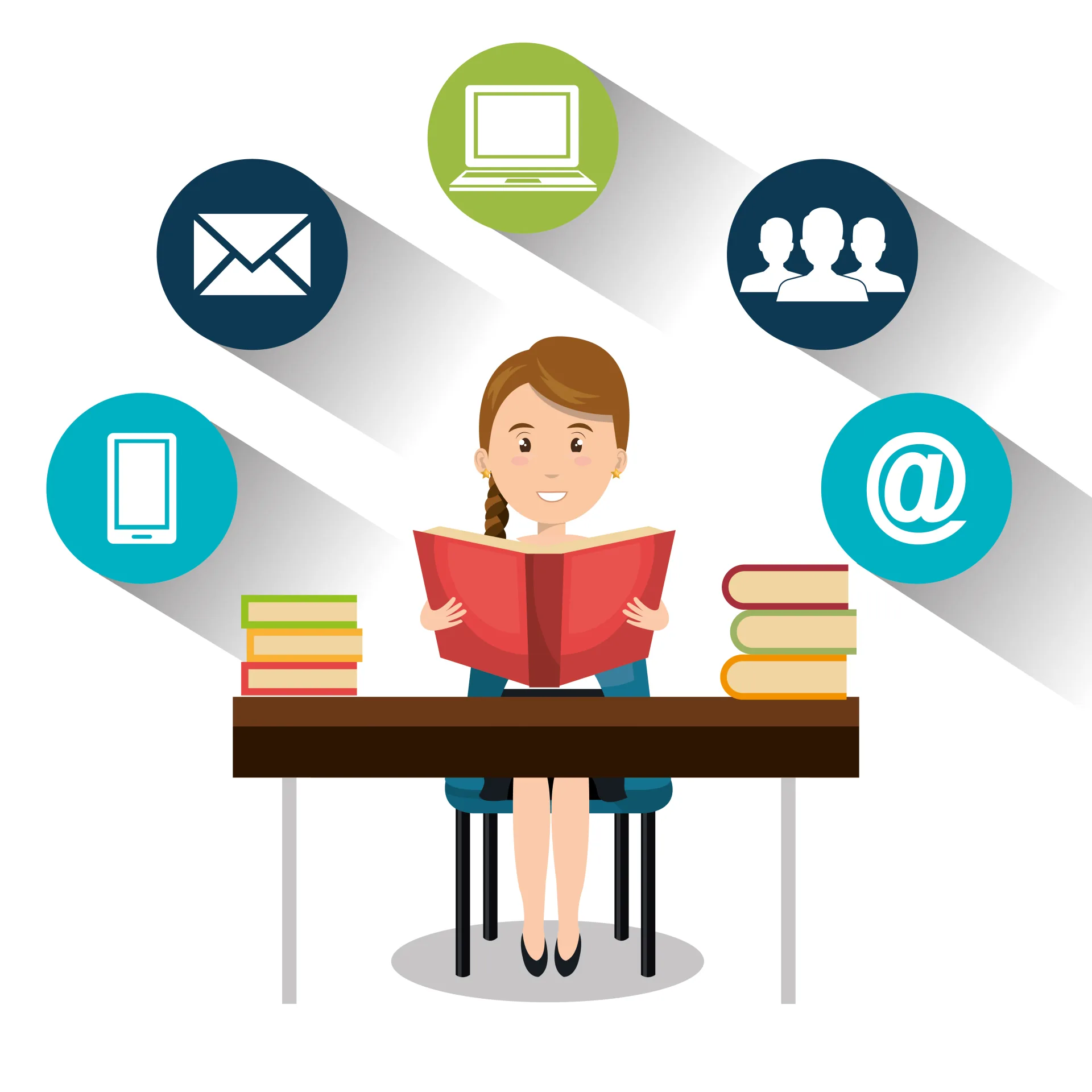 Studentessa alla scrivania con libro aperto e icone digitali che rappresentano strumenti di apprendimento online