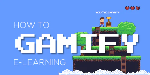 Grafica pixel art con personaggio, trofeo e testo how to gamify e-learning per illustrare la gamification nei corsi digitali
