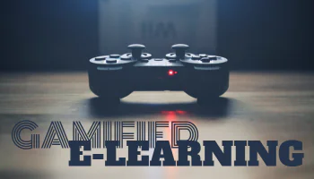 Joystick da videogiochi su sfondo sfocato con la scritta gamified e-learning per illustrare la gamification