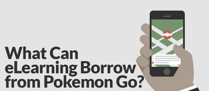 Mano che tiene uno smartphone con mappa in stile Pokémon Go, testo su idee di gamification per e-learning