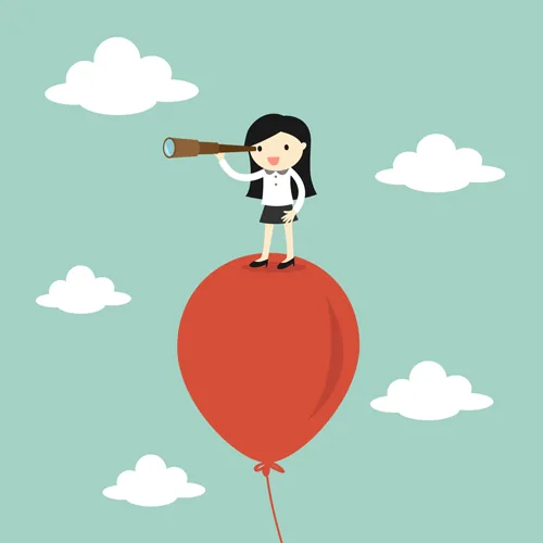 Donna stilizzata su un palloncino rosso guarda con un cannocchiale, simbolo di ricerca di obiettivi nella gamification