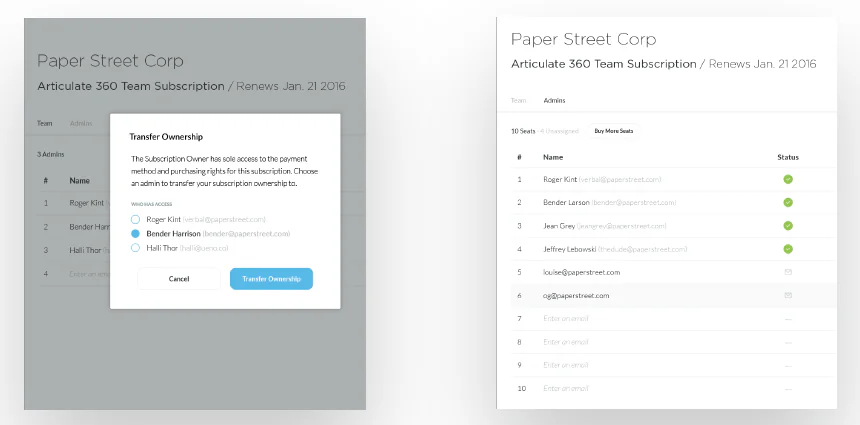 Interfaccia di amministrazione di Articulate 360 Teams con elenco membri e opzione trasferimento proprietà
