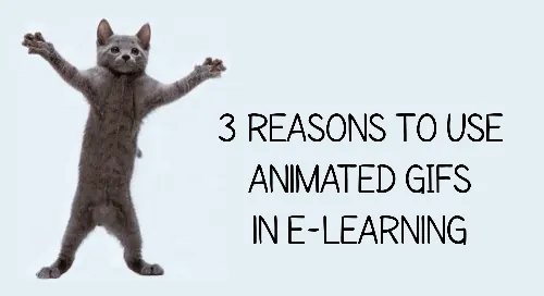 Gatto animato che balla accanto a testo che elenca motivi per usare GIF animate nei corsi e-learning