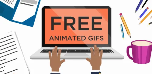 Mani su tastiera di laptop con scritta free animated gifs, circondato da oggetti da ufficio, per corsi e-learning