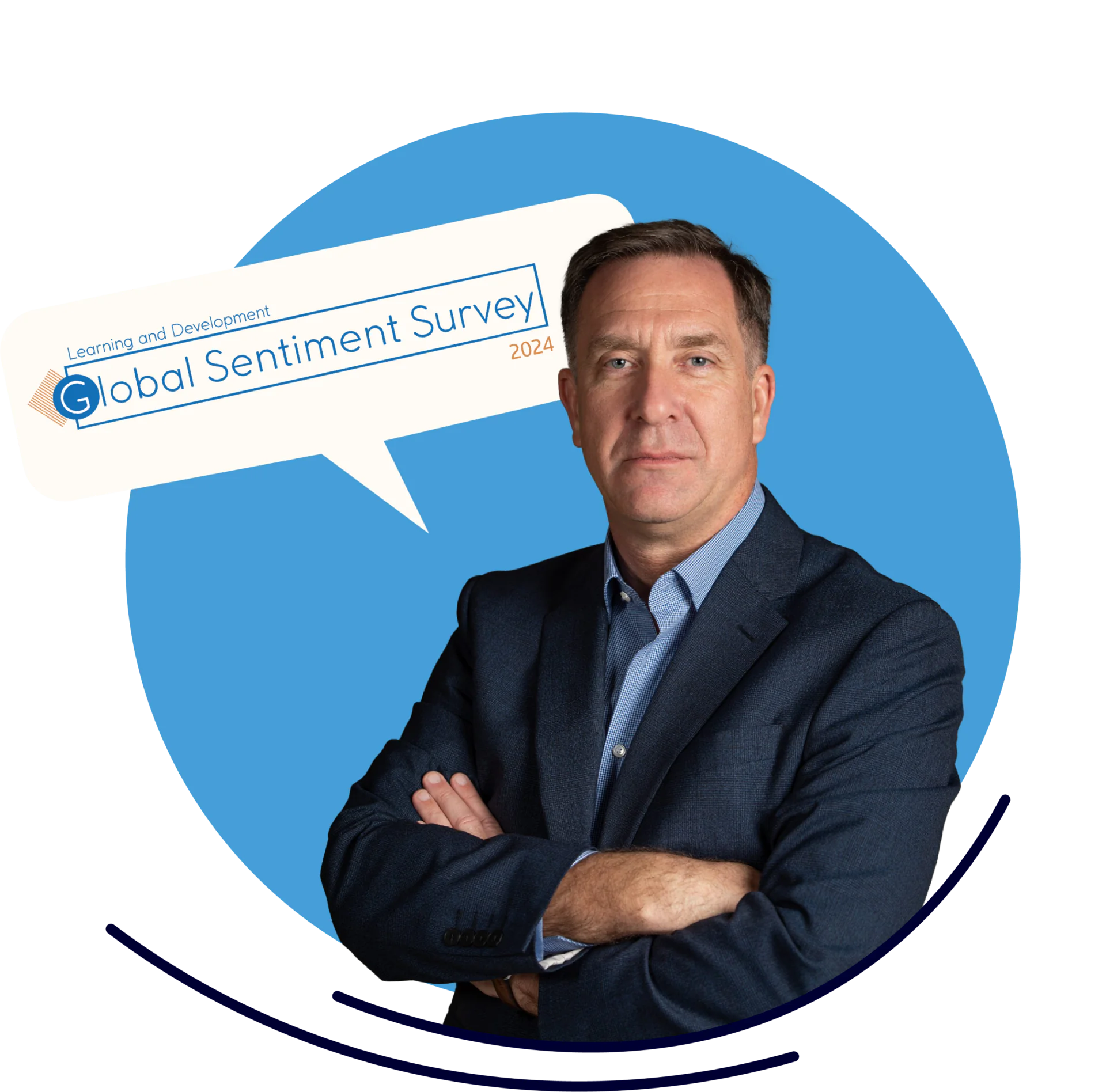 Uomo in abito scuro davanti a un cerchio blu con la scritta Global Sentiment Survey 2024, tema formazione aziendale