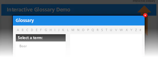 Finestra di glossario interattivo con elenco alfabetico dei termini e selezione di un termine in un template Storyline