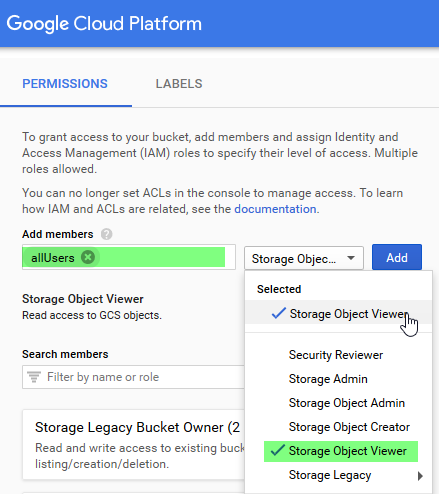 Schermata delle autorizzazioni di un bucket Google Cloud Storage con ruolo Storage Object Viewer per file eLearning