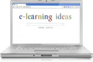 Schermo di laptop con la scritta e-learning ideas in stile Google per la progettazione di corsi digitali