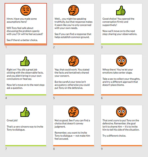 Griglia di nove flashcard con emoji e risposte di feedback create in PowerPoint per mobile learning