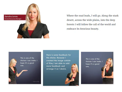 Tre flashcard create in PowerPoint con una donna e testo, usate per scenari interattivi nei corsi mobile learning