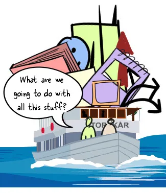 Disegno di una barca carica di oggetti vari con fumetto che riflette sull'uso della grafica a mano libera nei corsi eLearning
