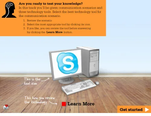 Schermata di un corso eLearning con grafica disegnata a mano che mostra un computer e l’icona di Skype