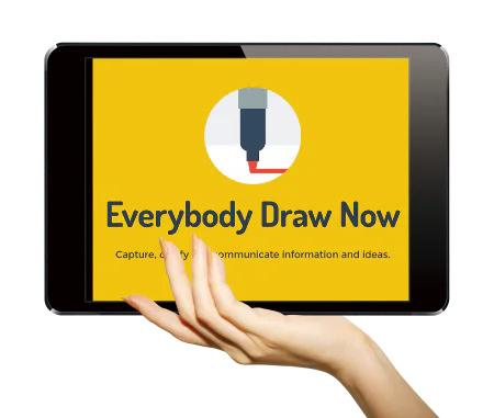 Tablet con la copertina di Everybody Draw Now e una mano che lo tiene, tema grafica a mano libera per e-learning