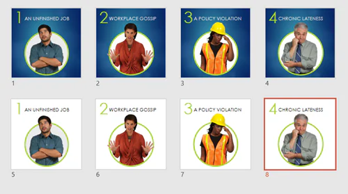 Esempio di grafiche con personaggi e sfondi colorati create in PowerPoint per moduli Mobile Learning in Rise