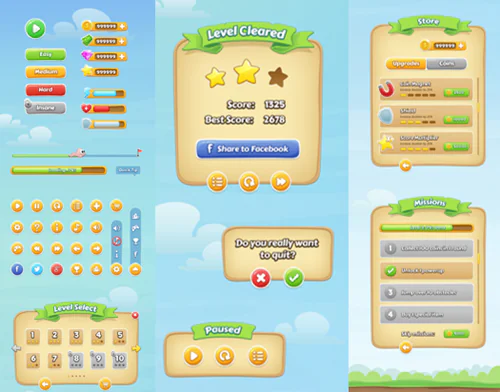 Interfaccia utente stile videogioco mobile con pulsanti, badge e indicatori di progresso per la gamification elearning