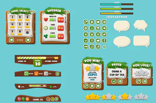 Interfaccia utente in stile gioco a tema giungla con selezione livelli, badge e indicatori di progresso