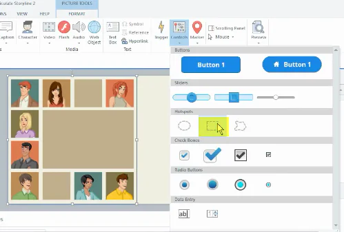 Interfaccia di Articulate Storyline 2 con hotspot posizionato su una griglia di personaggi per creare interazioni e-learning