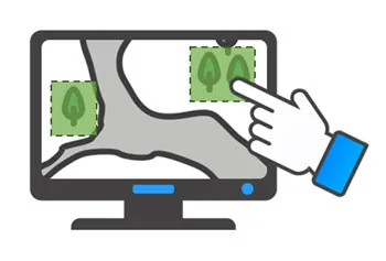 Monitor con mappa stilizzata e mano che seleziona un hotspot invisibile su un'area evidenziata