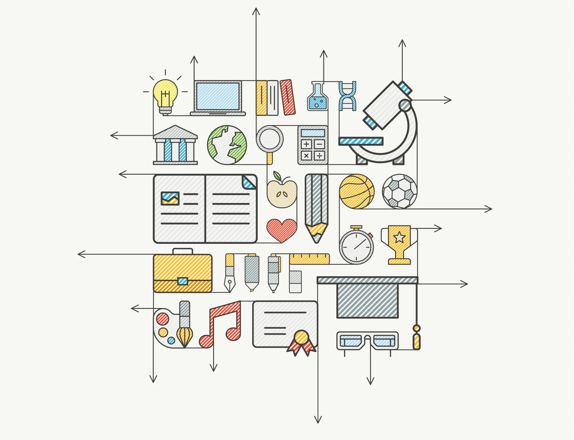 Illustrazione di icone educative che rappresentano vari aspetti della formazione e delle funzionalità di un LMS