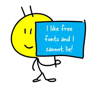 Volto stilizzato sorridente che regge un cartello blu con frase sui font gratuiti, tema icone in PowerPoint