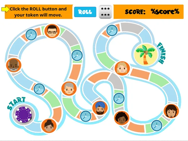 Tabellone di gioco digitale con icone di volti e orologi usato per attività e-learning interattive