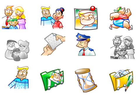 Set di icone colorate in stile cartoon che rappresentano persone, famiglie e oggetti utili per corsi e-learning