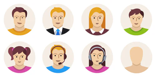 Set di otto icone stilizzate di persone con diversi mestieri e caratteristiche grafiche per progetti e-learning