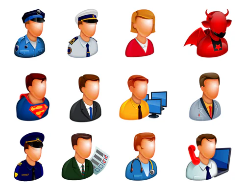 Set di icone flat che rappresentano diversi ruoli professionali e personaggi per corsi e-learning