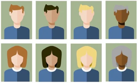 Set di otto icone stilizzate di persone con diverse caratteristiche per arricchire corsi e-learning
