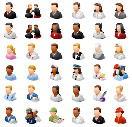 Set di icone illustrate raffiguranti persone di diverse professioni e ruoli per corsi e-learning