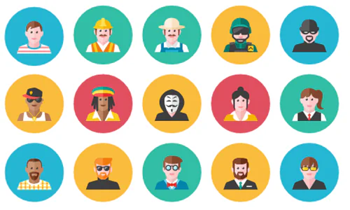 Set di icone vettoriali colorate che rappresentano diversi personaggi stilizzati per corsi e-learning